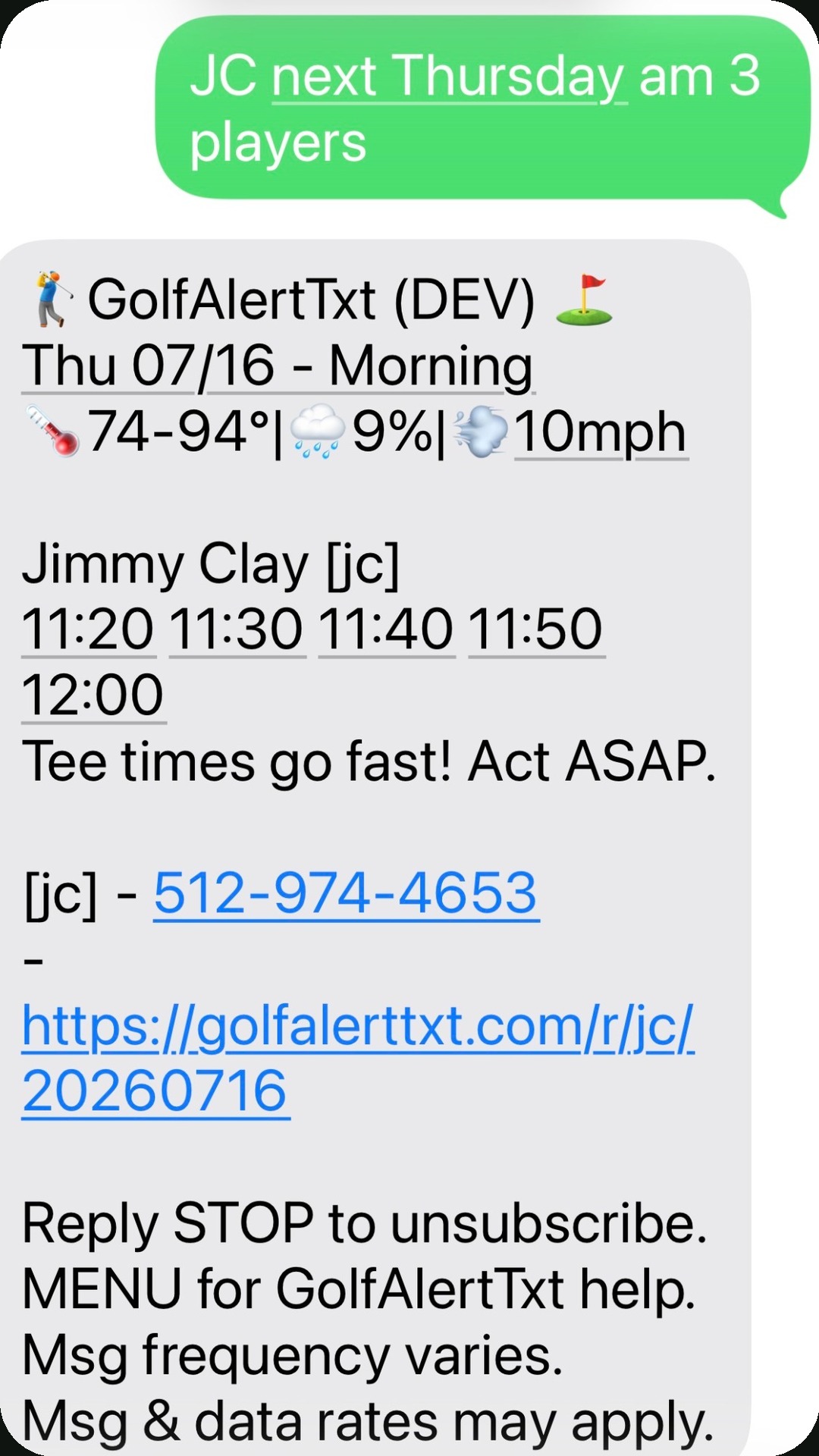 Instant open tee time request SMS screenshot