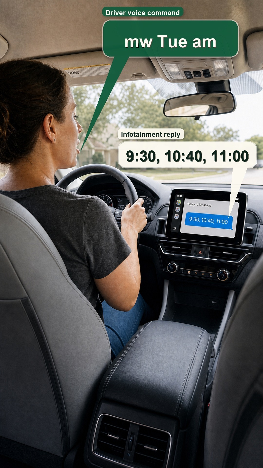 Hands-free voice command while driving: mw Tue am returns open tee times 9:30, 10:40, and 11:00