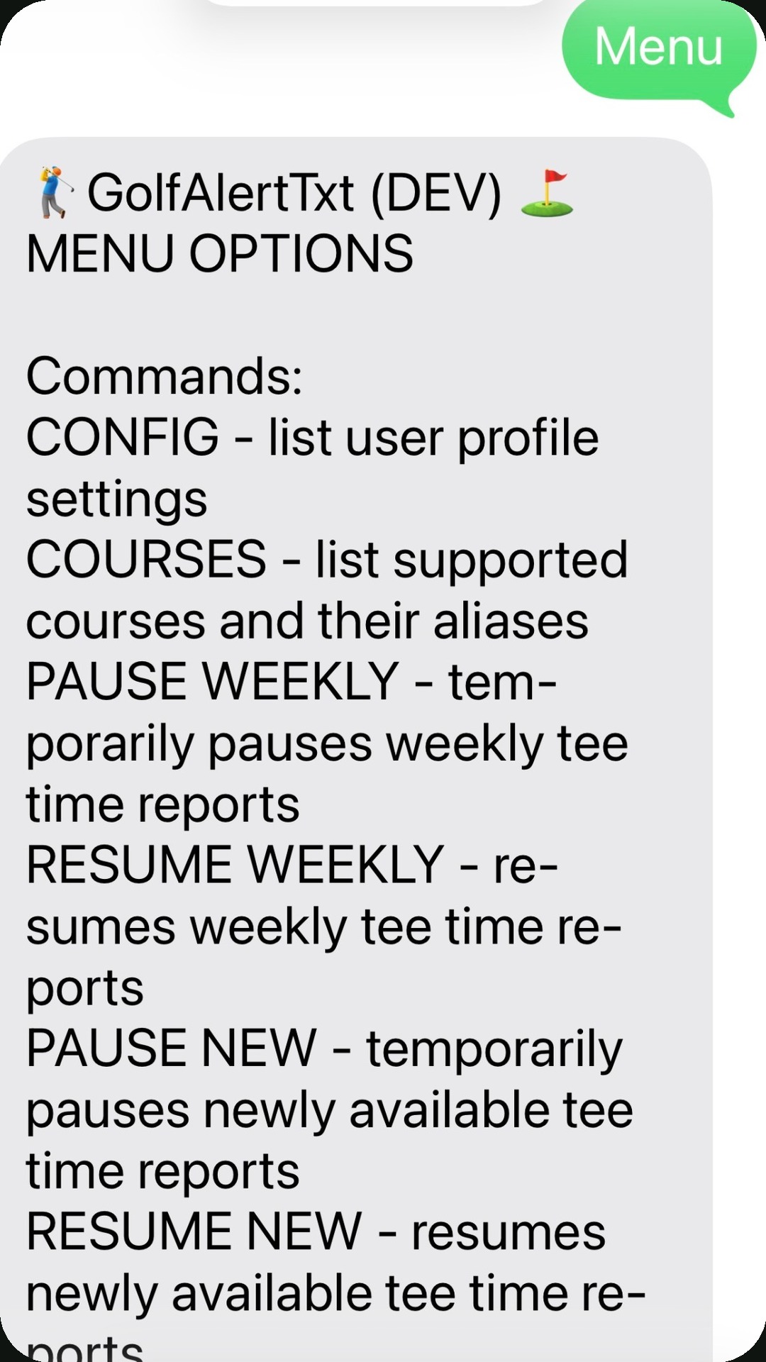 Supported commands SMS screenshot
