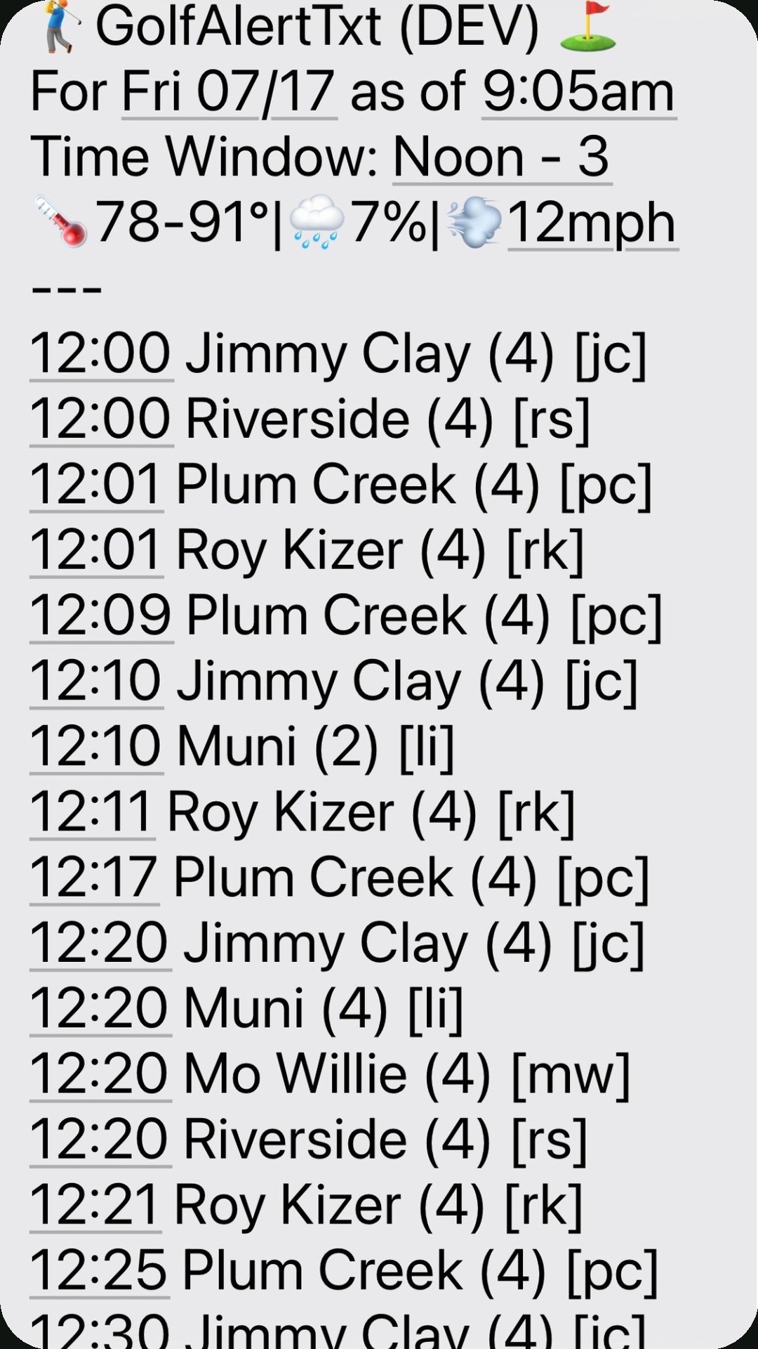 Same day next week list SMS screenshot