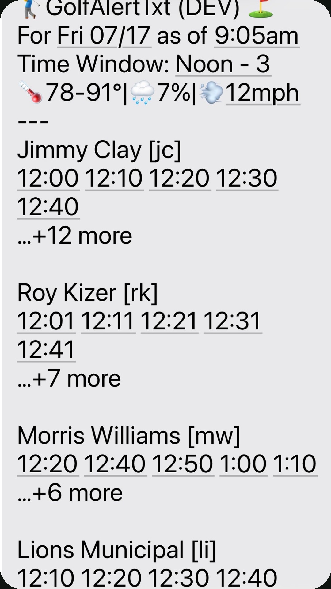 Same day next week summary SMS screenshot